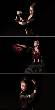 collage of elegant woman holding fan and gesturing while dancing flamenco isolated on black