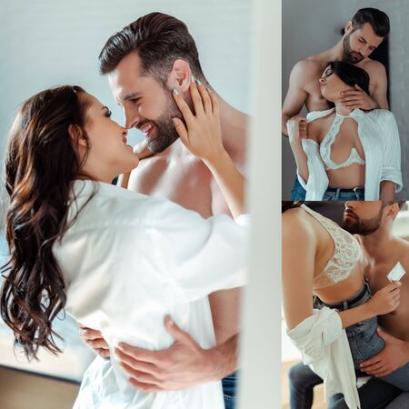 collage of sexy young brunette woman and man with bare torso hugging and kissing at homeの写真素材