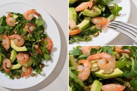 collage of fresh green salad with pumpkin seeds, shrimps and avocado on plate and fork on white backgroundの写真素材