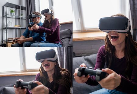 KYIV, UKRAINE - MAY 15, 2020: collage of emotional couple in virtual reality headsets playing video...