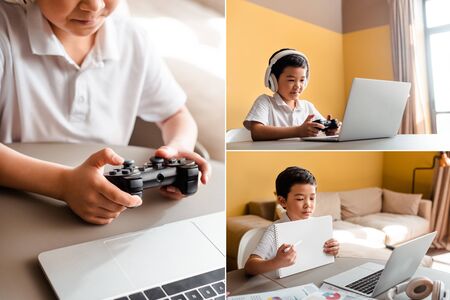 collage with asian boy studying online, playing video game with joystick, laptop and headphones on...