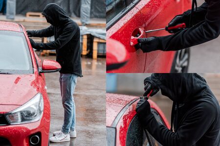 Collage of robber in mask using screwdriver while opening door of auto on urban streetの写真素材