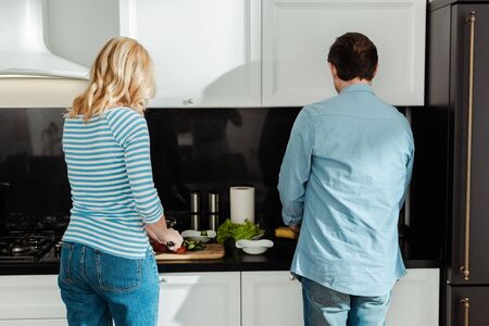 Back view of couple cooking fresh salad on kitchen worktopの写真素材