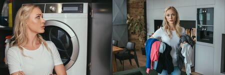 collage of housewife holding laundry and standing near washing machine, horizontal imageの写真素材