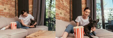 collage of attractive girl sitting on sofa near popcorn buckets and cute french bulldog