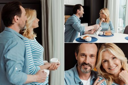 Collage of mature couple drinking coffee during breakfast in kitchenの写真素材