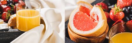 collage of french breakfast with grapefruit, orange juice, berries on wooden tray on textured white...