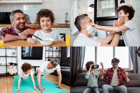 collage of happy son and father touching faces with shaving foam, exercising, using virtual reality headsets and smiling near breakfastの写真素材