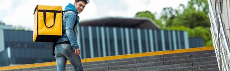 Panoramic crop of smiling courier with thermo backpack smiling at camera on stairs