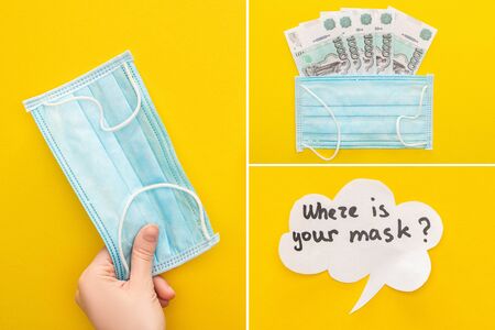 top view of female hand with medical mask, money and speech bubble on yellow background, collage
