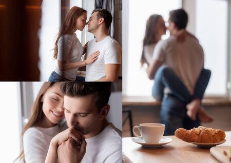 collage of man kissing hand of happy woman near breakfast on tableの写真素材