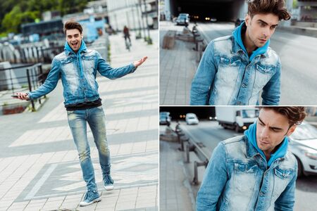 Collage of positive and sad man in earphones holding smartphone and walking near road on urban...