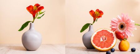 collage of floral and fruit composition with Alstroemeria in vase, gerbera, berries, grapefruit and apricot on wooden surface on beigeの写真素材
