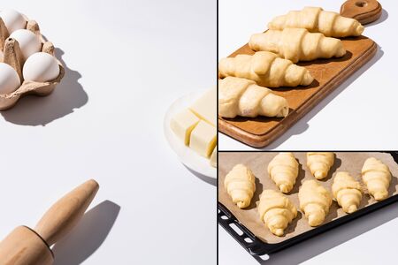 collage of raw croissants on baking tray and cutting board near ingredients on white background