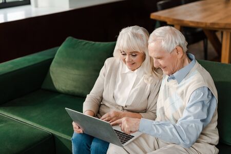 smiling senior couple having video chat on laptop at home during self isolationの写真素材