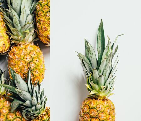 collage of ripe pineapples with green leaves on white backgroundの写真素材