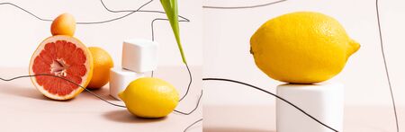 fruit composition with citrus fruits near cubes and wire isolated on beige, collageの写真素材