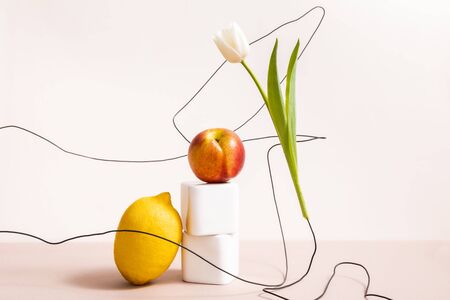 fruit and floral composition with tulip on wires and lemon with apple on cubes isolated on beigeの写真素材