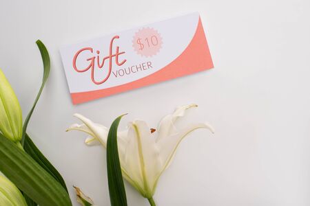 Top view of lily with leaves and gift voucher on white backgroundの写真素材