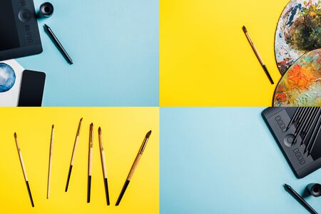 Collage of graphics tablet, watercolor drawing and paintbrushes on blue and yellow surface