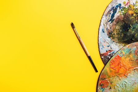 Top view of drawing brush and palettes on yellow surface