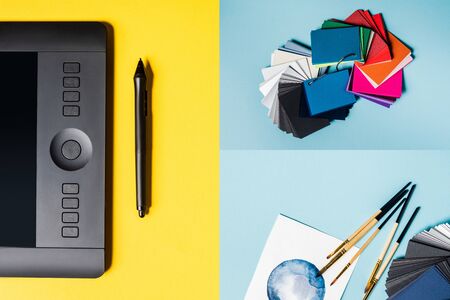 Collage of graphics tablet, color swatches and paintbrushes with watercolor drawn on blue and yellow...