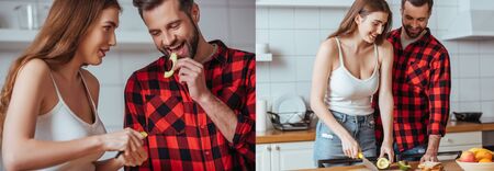 collage of happy young couple preparing breakfast with fresh fruits, horizontal image