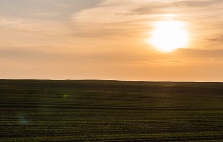 scenic landscape with mowed field in sunset in ukraineの写真素材