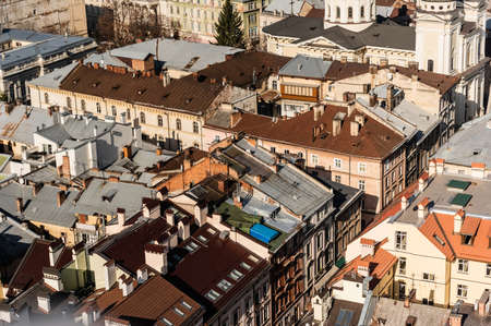 aerial view of houses with colorful roofs in historical center of lviv, ukraine