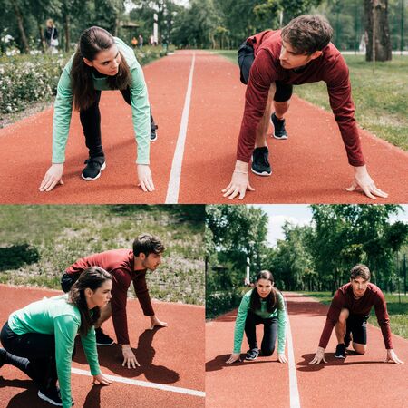 Collage of couple standing in starting position on running track in parkの写真素材