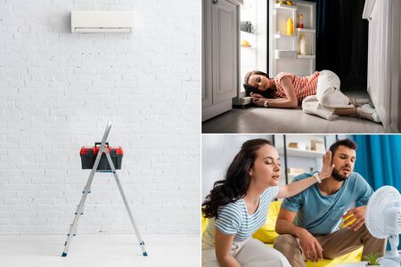 Collage of girl sleeping near open fridge, couple sitting near electric fan on couch and toolbox on ladder near air conditioner on wallの写真素材