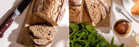 collage with bread, greenery and cup of coffee for breakfast on grey table, website header