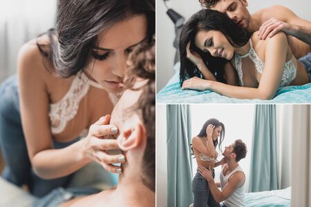 Collage of handsome man hugging sensual smiling woman in bedroomの写真素材
