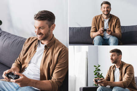 collage of emotion man playing video game while sitting on sofa near plant