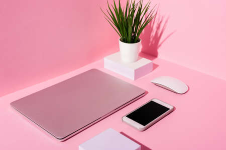 pink workplace with blank sticky notes, smartphone, laptop, computer mouse and plant