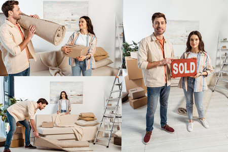 Collage of young couple holding nameplate with sold lettering while moving in living room
