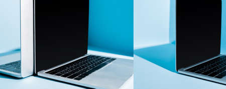 modern laptops at blue workplace in light, collageの写真素材
