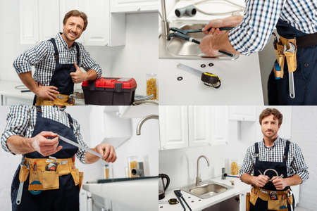 Collage of workman in tool belt fixing faucet and showing thumb up in kitchen