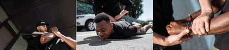 collage of detained african american man lying on ground near policeman in uniform with handcuffs...