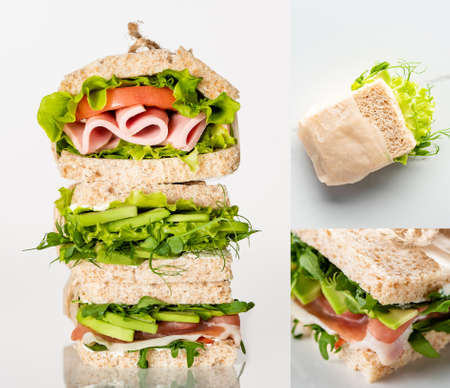 collage of fresh green sandwiches with vegetables and meat on marble white surfaceの写真素材