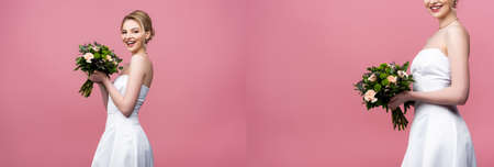 collage of cheerful bride in white wedding dress holding flowers on pinkの写真素材