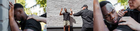 collage of policeman detaining african american man with raised hands, racism concept