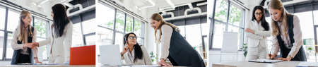 collage of businesswomen shaking hands, woman signing contract near coworker with crossed armsの写真素材