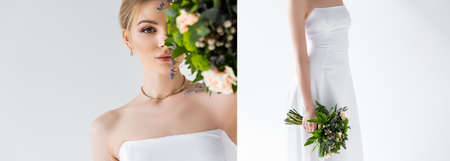 collage of bride in elegant wedding dress holding flowers isolated on white