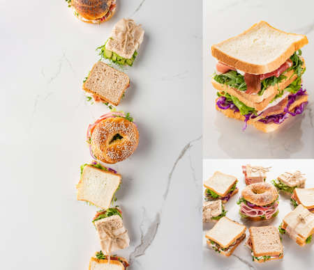 collage of fresh green sandwiches with meat and bagel on marble white surfaceの写真素材