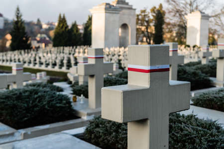 LVIV, UKRAINE - OCTOBER 23, 2019: selective focus of polish graves and stone crosses in lychakiv cemetery in lviv, ukraineのeditorial素材