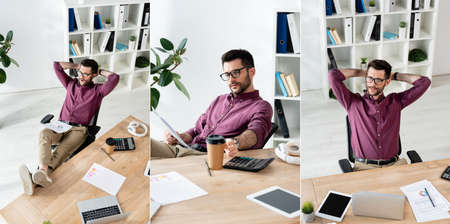 collage of handsome businessman sitting with legs on table and hands behind head, and taking coffee to go, horizontal imageの写真素材