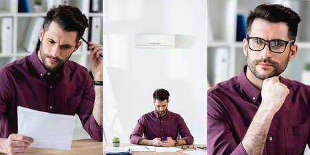 collage of serious businessman reading document, using laptop and looking camera