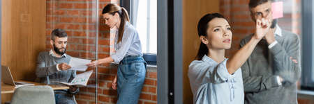 collage of businesswoman pointing with finger at sticky note and holding documents with businessman
