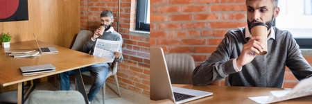 collage of businessman holding paper cup and reading newspaper near laptopsの写真素材